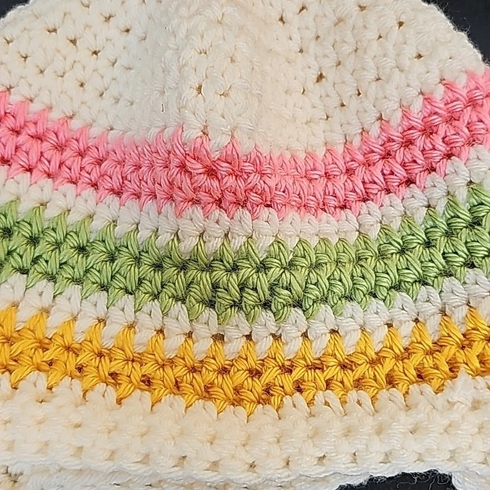 Handmade Cream, Pink, Green, & Yellow Knitted Braided Tassel Winter Hat-Size OS